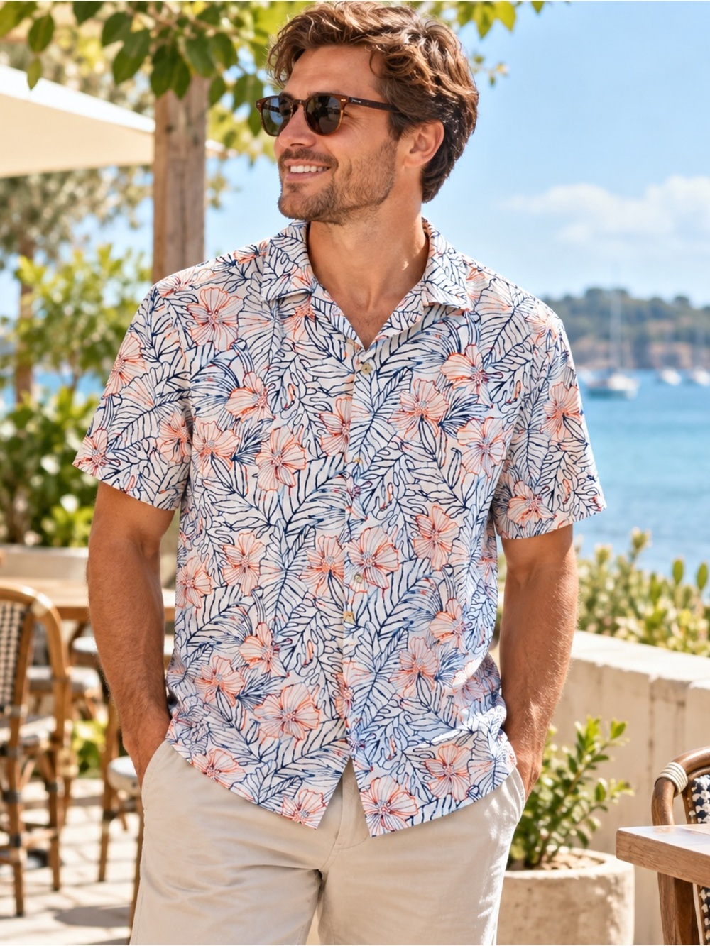 Lee White Short-Sleeve Button-Up Shirt with Navy Leaf & Coral Floral Print